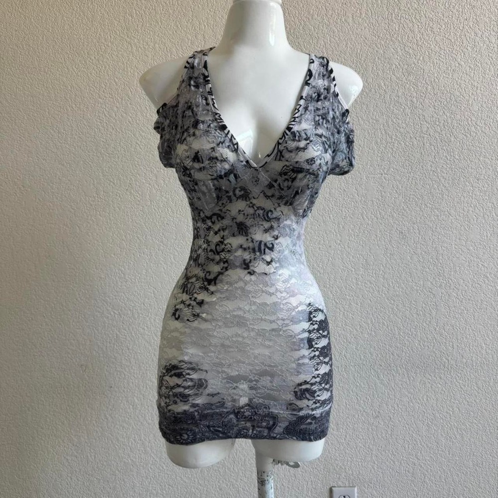 Dots Y2K grey & white lace translucent mini dress